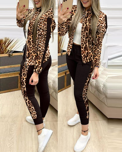 Trend Leopard 2 kétrészes szett Női ruhák Activewear Cipzáras felső leggings Női hozzáillő szett Női ruhák Női ruhák