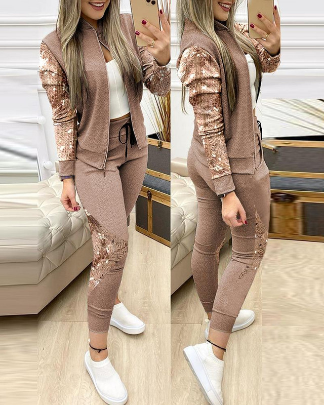 Trend Leopard 2 kétrészes szett Női ruhák Activewear Cipzáras felső leggings Női hozzáillő szett Női ruhák Női ruhák