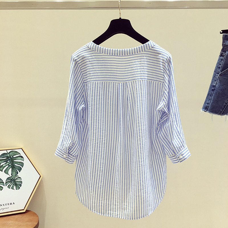 Vruća ženska ljetna modna bluza za 2019. Ležerne ležerne široke kratke košulje s tri četvrtine rukava na pruge za 2019.