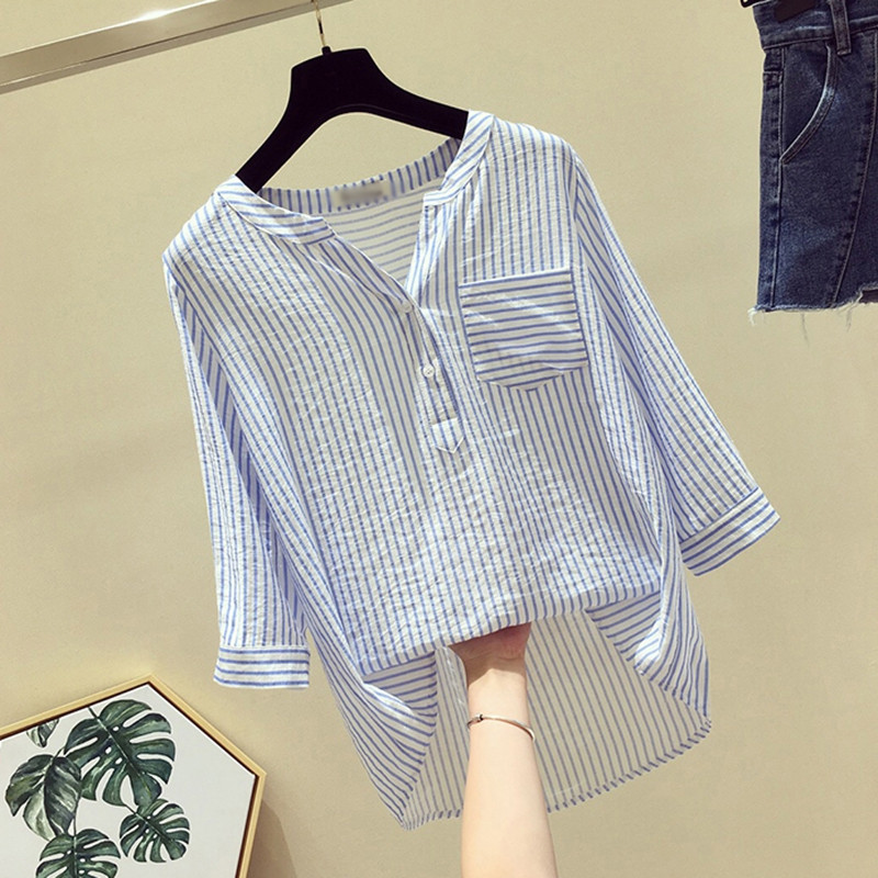 Vruća ženska ljetna modna bluza za 2019. Ležerne ležerne široke kratke košulje s tri četvrtine rukava na pruge za 2019.