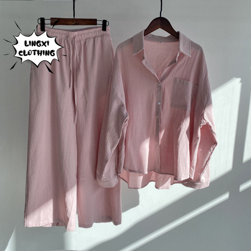 Letné nové trendy bavlnené a ľanové košeľové obleky s vysokým pásom, voľné nohavice, elegantné dámske súpravy, dvojdielny set pre ženy