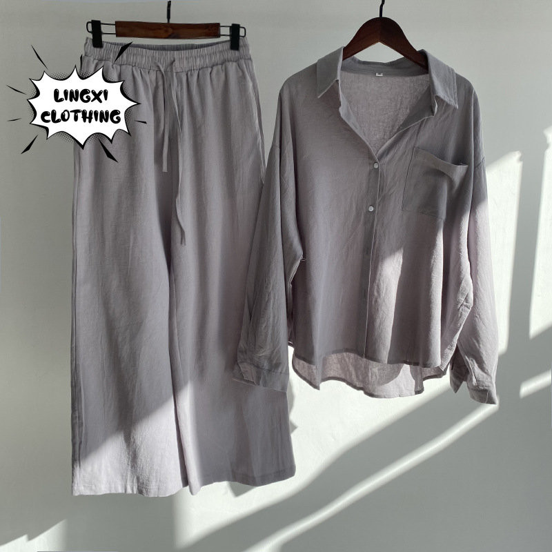 Letné nové trendy bavlnené a ľanové košeľové obleky s vysokým pásom, voľné nohavice, elegantné dámske súpravy, dvojdielny set pre ženy