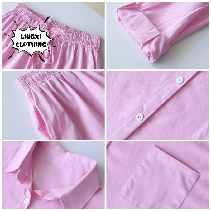 Letné nové trendy bavlnené a ľanové košeľové obleky s vysokým pásom, voľné nohavice, elegantné dámske súpravy, dvojdielny set pre ženy