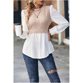 Elegantná dámska blúzka, košeľa, jeseň 2023, kancelárske oblečenie, okrúhly výstrih, vlnité pruhy, panel, kontrastný módny top, blúzky a košele