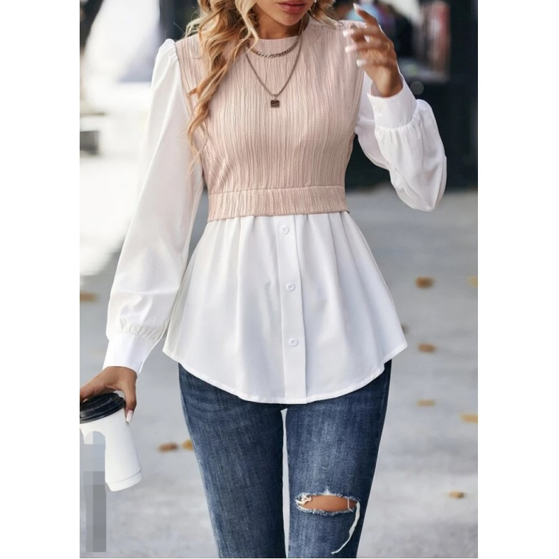Elegantná dámska blúzka, košeľa, jeseň 2023, kancelárske oblečenie, okrúhly výstrih, vlnité pruhy, panel, kontrastný módny top, blúzky a košele