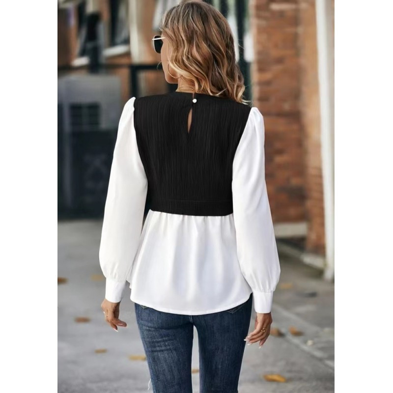 Elegantná dámska blúzka, košeľa, jeseň 2023, kancelárske oblečenie, okrúhly výstrih, vlnité pruhy, panel, kontrastný módny top, blúzky a košele