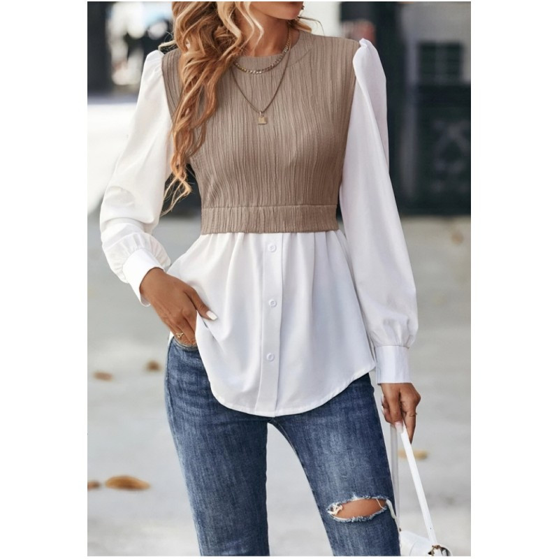 Elegantná dámska blúzka, košeľa, jeseň 2023, kancelárske oblečenie, okrúhly výstrih, vlnité pruhy, panel, kontrastný módny top, blúzky a košele