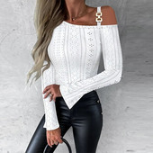 Pulover cu lanț cu guler oblic elegant Topuri pentru femeie de culoare solidă Topuri cu umăr dezactivat bluză cămașă subțire cu mânecă lungă de toamnă