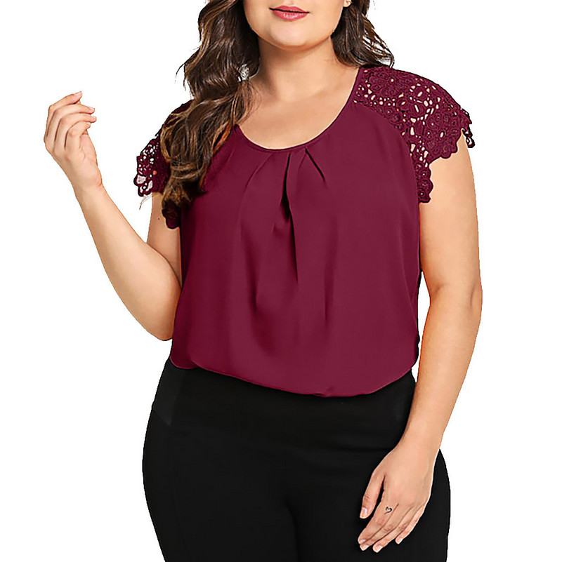 Modna ženska odjeća velikih veličina 2020. Ljeto Jednobojni O-izrez Cvjetna čipkana tunika na ramenima Majica Majice Bluza blusa feminina 2021.