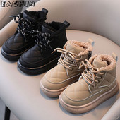 Παιδικά χειμωνιάτικα χοντρά ζεστά μποτάκια Martin 2023 Νέες καρό PU δερμάτινες μπότες χιονιού για αγόρια και κορίτσια Αντιολισθητικά αδιάβροχα βελούδινα casual παπούτσια