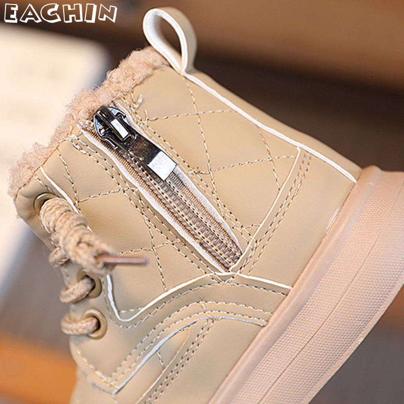 Παιδικά χειμωνιάτικα χοντρά ζεστά μποτάκια Martin 2023 Νέες καρό PU δερμάτινες μπότες χιονιού για αγόρια και κορίτσια Αντιολισθητικά αδιάβροχα βελούδινα casual παπούτσια