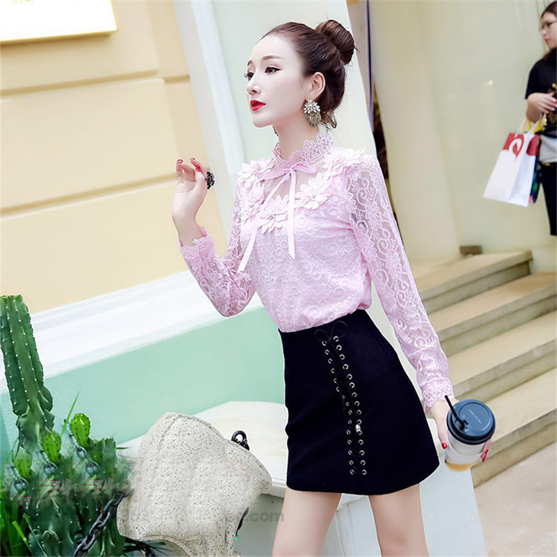 2018 Proljeće Jesen Ženska bluza dugih rukava Slatka cvjetna šuplja čipkasta košulja Ženske mrežaste bluze s mašnom Kratki donji dijelovi AB1138