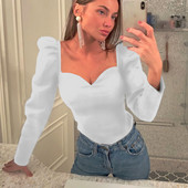 Īpašais piedāvājums Karstā izpārdošana korejiešu 2019. gada rudens vienkrāsu vintage jauni sieviešu krekli ar uzpūstām piedurknēm kvadrātveida seksīga maza V veida kakla izgriezuma slaida blūze