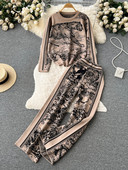 SINGREINY Seturi de imprimeuri tricotate de iarnă pentru femei Tricotaj cu mâneci lungi cu gât în formă de O+Pantaloni lungi cu picioare largi Pulover retro la modă Costume două piese