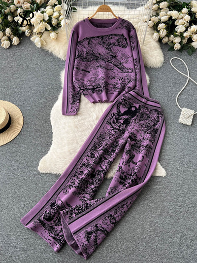 SINGREINY Seturi de imprimeuri tricotate de iarnă pentru femei Tricotaj cu mâneci lungi cu gât în formă de O+Pantaloni lungi cu picioare largi Pulover retro la modă Costume două piese