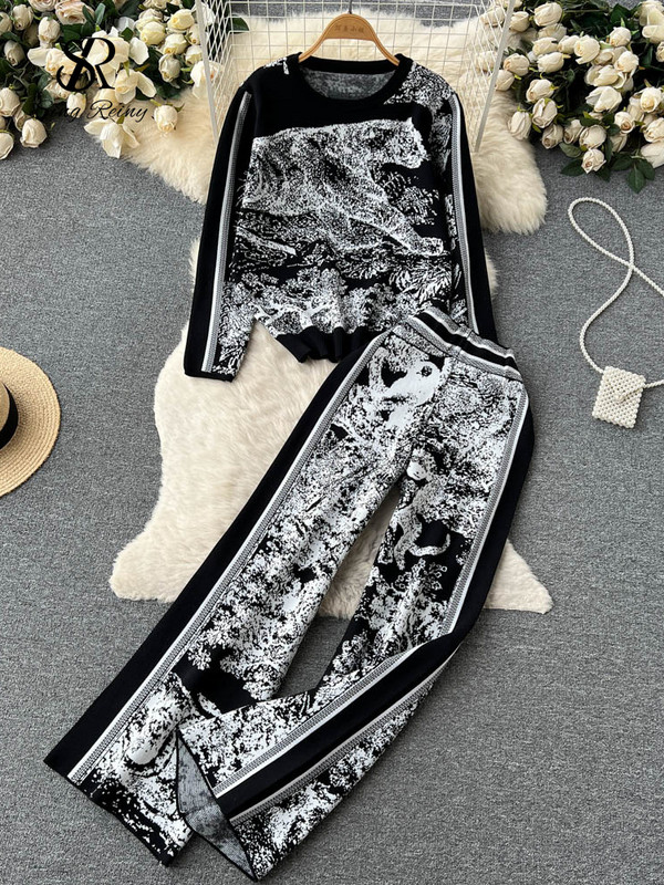 SINGREINY Seturi de imprimeuri tricotate de iarnă pentru femei Tricotaj cu mâneci lungi cu gât în formă de O+Pantaloni lungi cu picioare largi Pulover retro la modă Costume două piese