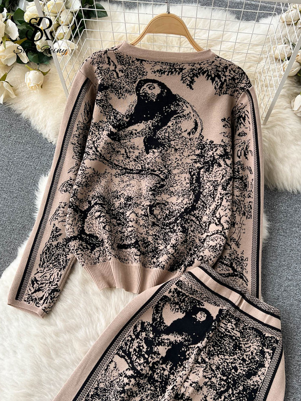 SINGREINY Seturi de imprimeuri tricotate de iarnă pentru femei Tricotaj cu mâneci lungi cu gât în formă de O+Pantaloni lungi cu picioare largi Pulover retro la modă Costume două piese