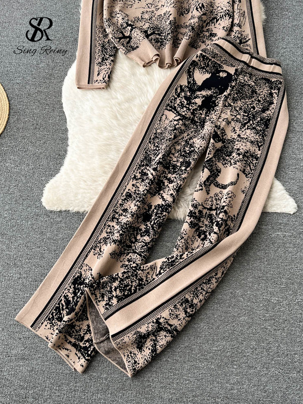 SINGREINY Seturi de imprimeuri tricotate de iarnă pentru femei Tricotaj cu mâneci lungi cu gât în formă de O+Pantaloni lungi cu picioare largi Pulover retro la modă Costume două piese