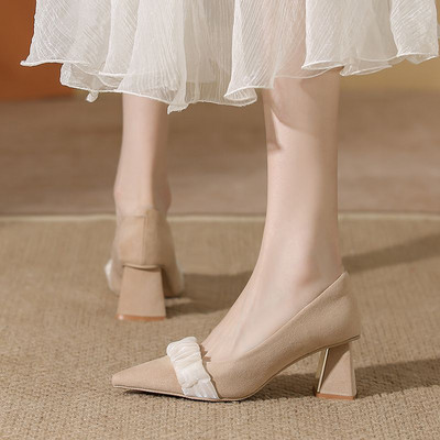 Dámske topánky na vysokých podpätkoch, letná obuv pre nevesty z roku 2023, čierne, na blokovom podpätku, so špicatou špičkou, hrubé, E, akcia A