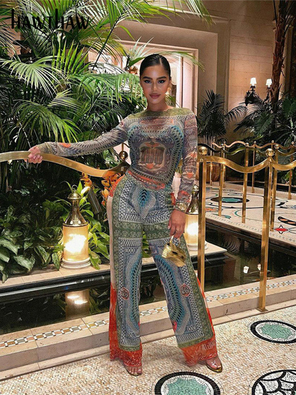 Hawthaw γυναικεία μακρυμάνικη διχτυωτή μπλούζα μπλουζάκια μακρύ παντελόνι σετ δύο τεμαχίων ρούχα 2022 Φθινοπωρινά ρούχα Είδη χονδρικής για επιχειρήσεις