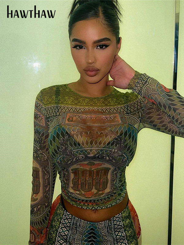 Hawthaw γυναικεία μακρυμάνικη διχτυωτή μπλούζα μπλουζάκια μακρύ παντελόνι σετ δύο τεμαχίων ρούχα 2022 Φθινοπωρινά ρούχα Είδη χονδρικής για επιχειρήσεις