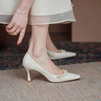Γυναικεία καλοκαιρινά παπούτσια με τακούνι για γυναίκες 2023 Pearl Red Pumps Ψηλοτάκουνα Stilito Square Toe Wedding Bride Shoe A Sale E