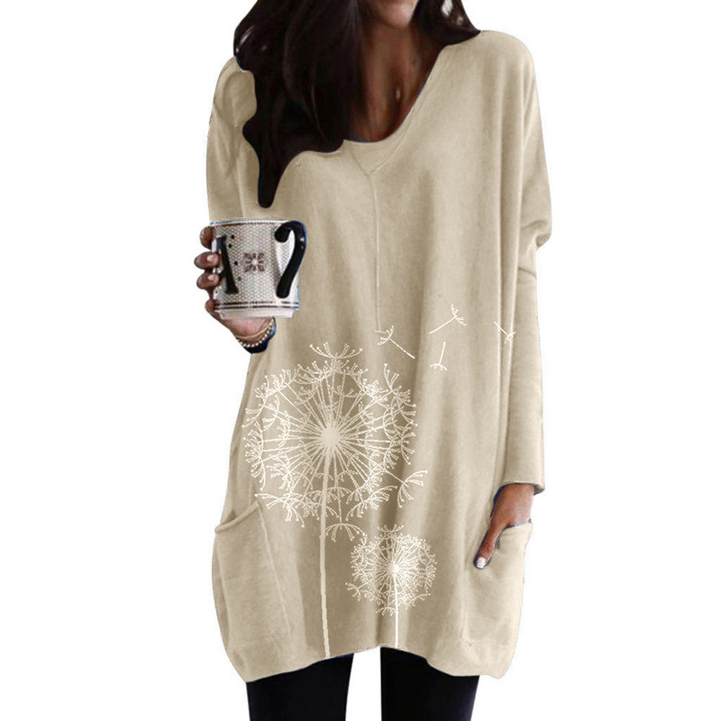 5xl bluza s cvjetnim printom veće veličine Ženske ležerne majice s tunikom s V-izrezom i džepovima Proljetne majice dugih rukava za žene Roupas Femininas