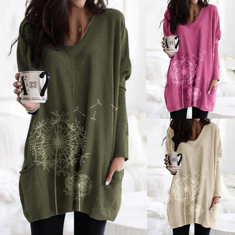 5xl bluza s cvjetnim printom veće veličine Ženske ležerne majice s tunikom s V-izrezom i džepovima Proljetne majice dugih rukava za žene Roupas Femininas