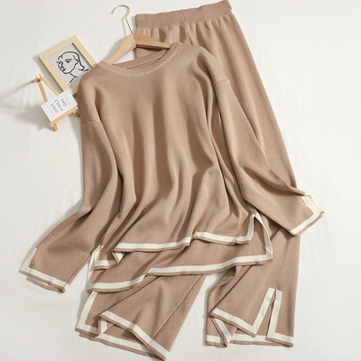 2023 Jesen Zima O-izrez dugih rukava Pulover s prorezima + dvodijelni komplet hlača sa širokim nogavicama visokog struka Ženska ležerna trenirka