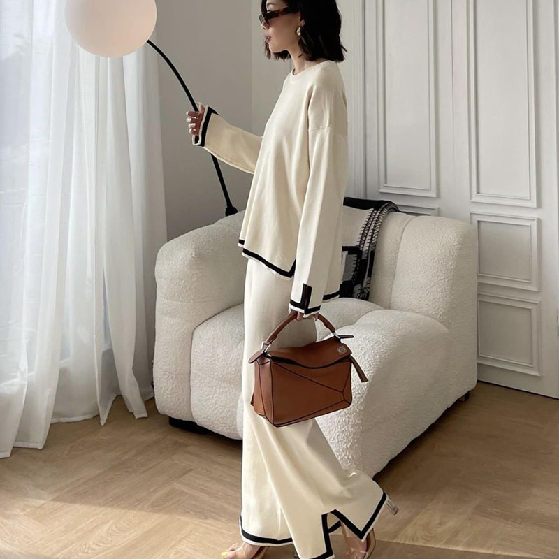 2023 Jesen Zima O-izrez dugih rukava Pulover s prorezima + dvodijelni komplet hlača sa širokim nogavicama visokog struka Ženska ležerna trenirka