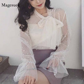 Jarná gázová mašľa s korálkami, ružovo-biela blúzka, letné 2020, dámske jednofarebné šifónové tričko, dámske blúzky, topy do kancelárie, košele, bluzy 4323 50