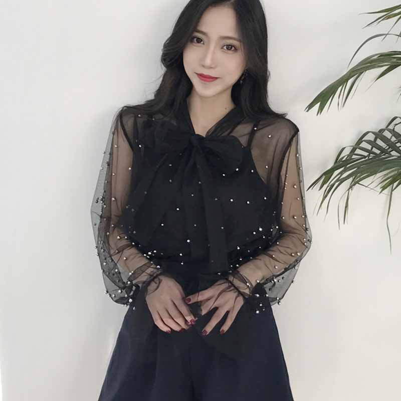 Jarná gázová mašľa s korálkami, ružovo-biela blúzka, letné 2020, dámske jednofarebné šifónové tričko, dámske blúzky, topy do kancelárie, košele, bluzy 4323 50