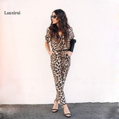 Salopete de damă, cu imprimeu leopard, cu mânecă scurtă, pantaloni lungi, îmbrăcăminte cu nasturi, cu decolteu în V, haine casual pentru damă la birou