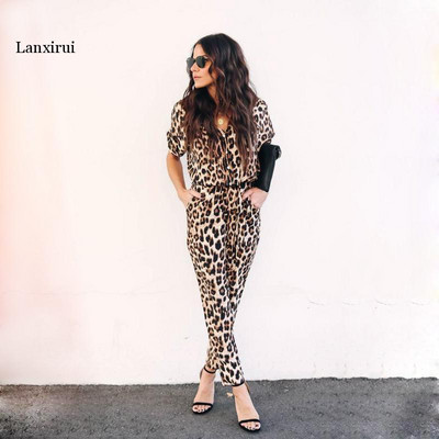 Salopete de damă, cu imprimeu leopard, cu mânecă scurtă, pantaloni lungi, îmbrăcăminte cu nasturi, cu decolteu în V, haine casual pentru damă la birou