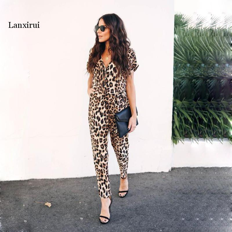 Dámske overaly s leopardím vzorom, krátky rukáv, dlhé nohavice, streetwear, gombíky, výstrih do V, dámske kancelárske oblečenie, ležérne oblečenie