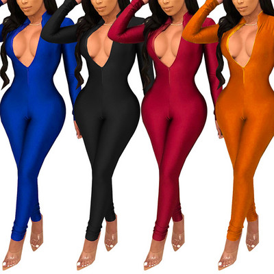 Szexi női hosszú ujjú, cipzáras jumpsuit Bodycon Romper nadrág egyrészes Clubwear party tréningruhák