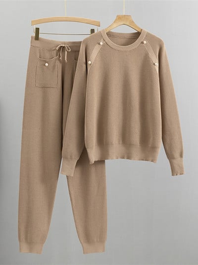 Sveter s výstrihom do O-krku, 2-dielny set pre ženy, ležérny pletený sveter, outfity, kórejský pletený sveter, tepláky, obleky, tepláky