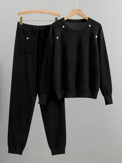 Sveter s výstrihom do O-krku, 2-dielny set pre ženy, ležérny pletený sveter, outfity, kórejský pletený sveter, tepláky, obleky, tepláky