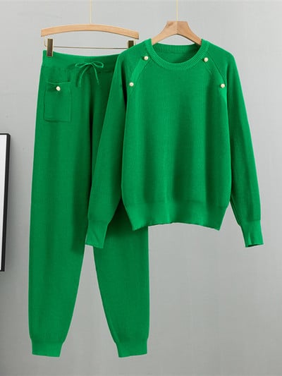 Sveter s výstrihom do O-krku, 2-dielny set pre ženy, ležérny pletený sveter, outfity, kórejský pletený sveter, tepláky, obleky, tepláky