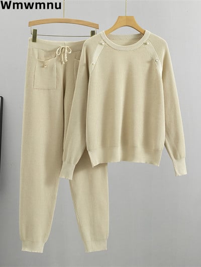 Sveter s výstrihom do O-krku, 2-dielny set pre ženy, ležérny pletený sveter, outfity, kórejský pletený sveter, tepláky, obleky, tepláky