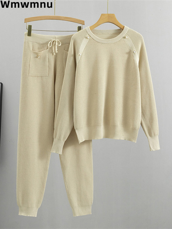 Sveter s výstrihom do O-krku, 2-dielny set pre ženy, ležérny pletený sveter, outfity, kórejský pletený sveter, tepláky, obleky, tepláky