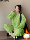 Χοντρό ζεστό καπιτονέ φούτερ O-λαιμόκοψη 2 τεμαχίων σετ casual χοντρό πουλόβερ πουλόβερ σε συνδυασμό με φαρδύ φαρδύ πόδι, μέχρι τον αστράγαλο στολή Jogger