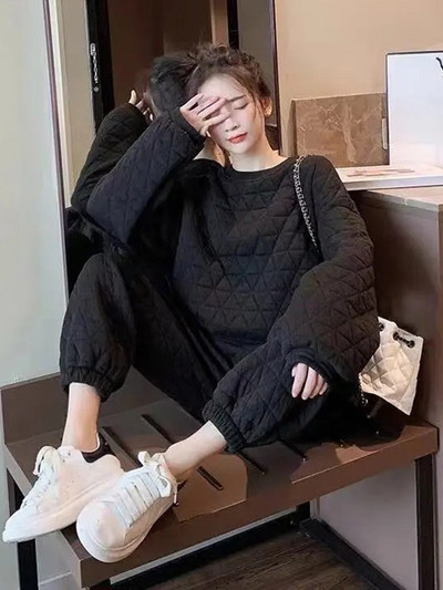 Χοντρό ζεστό καπιτονέ φούτερ O-λαιμόκοψη 2 τεμαχίων σετ casual χοντρό πουλόβερ πουλόβερ σε συνδυασμό με φαρδύ φαρδύ πόδι, μέχρι τον αστράγαλο στολή Jogger