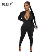 mlada ženska moda za zabavu jednostavna čista boja duboki v izrez uski kombinezoni dugih rukava seksi uski ženski modni bodi za klubske zabave