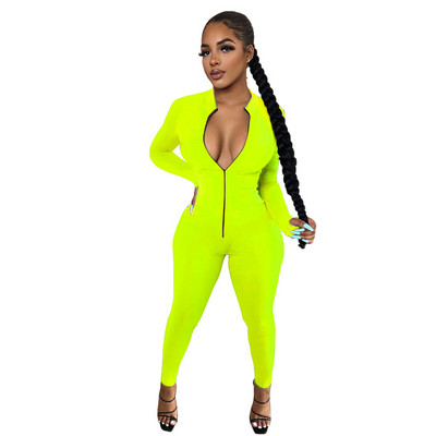 mlada ženska moda za zabavu jednostavna čista boja duboki v izrez uski kombinezoni dugih rukava seksi uski ženski modni bodi za klubske zabave