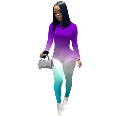 Fitness Gradient Body Rompers Γυναικεία ολόσωμη φόρμα Σέξι αθλητικά ρούχα O λαιμό μακρυμάνικο μολύβι Παντελόνι Bodycon Ολόσωμη φόρμα Γυναικείες φόρμες