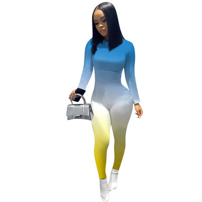 Fitness Gradient Body Rompers Γυναικεία ολόσωμη φόρμα Σέξι αθλητικά ρούχα O λαιμό μακρυμάνικο μολύβι Παντελόνι Bodycon Ολόσωμη φόρμα Γυναικείες φόρμες