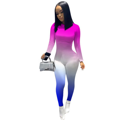 Fitness Gradient Body Rompers Γυναικεία ολόσωμη φόρμα Σέξι αθλητικά ρούχα O λαιμό μακρυμάνικο μολύβι Παντελόνι Bodycon Ολόσωμη φόρμα Γυναικείες φόρμες