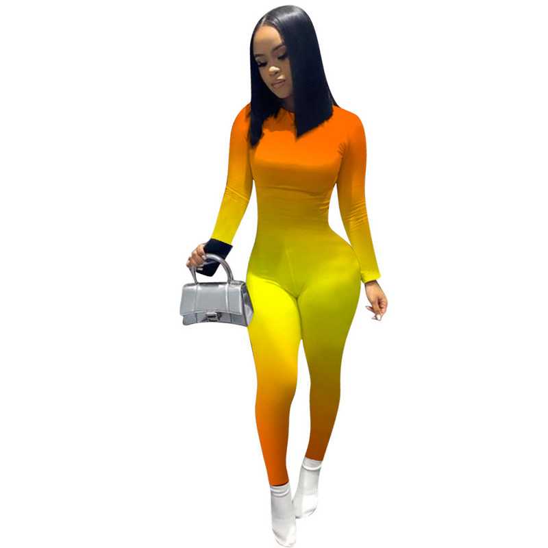 Fitness Gradient Body Rompers Γυναικεία ολόσωμη φόρμα Σέξι αθλητικά ρούχα O λαιμό μακρυμάνικο μολύβι Παντελόνι Bodycon Ολόσωμη φόρμα Γυναικείες φόρμες