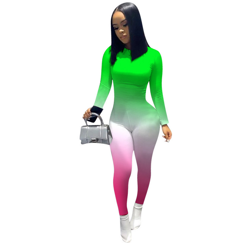 Fitness Gradient Body Rompers Γυναικεία ολόσωμη φόρμα Σέξι αθλητικά ρούχα O λαιμό μακρυμάνικο μολύβι Παντελόνι Bodycon Ολόσωμη φόρμα Γυναικείες φόρμες